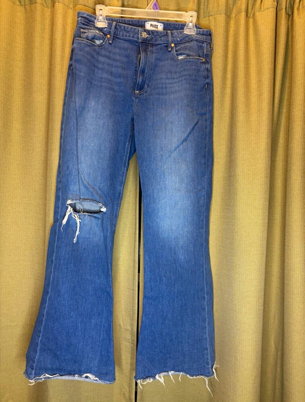 PAIGE Womens Size 31 Genevieve High Rise Flare Jeans Distressed Knee Raw Hem